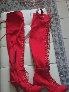 Burju Dance Boots Sexy Red Lace-Up Over-the-Knee Heeled Boots. Street Soles